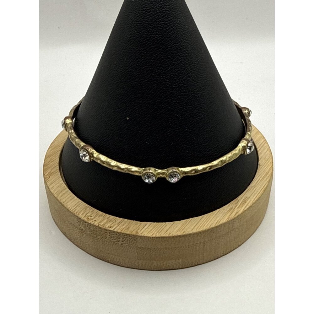 Hammered Gold Tone Bracelet With Clear Rhinestones Accents & Organic Design